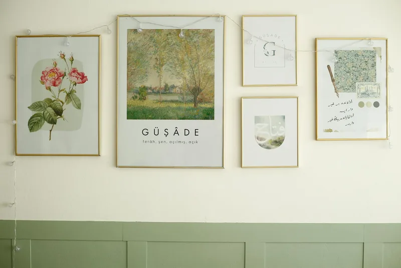 Digital wall art prints displayed in a home setting showing botanical illustrations in simple frames