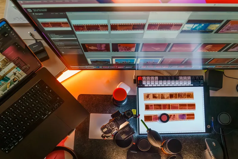 A photographer’s workstation with digital and film equipment for editing and processing