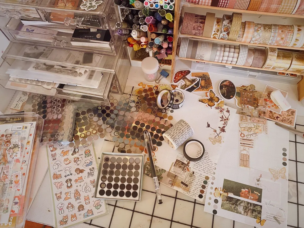 Colorful sticker collection spread on a creative workspace
