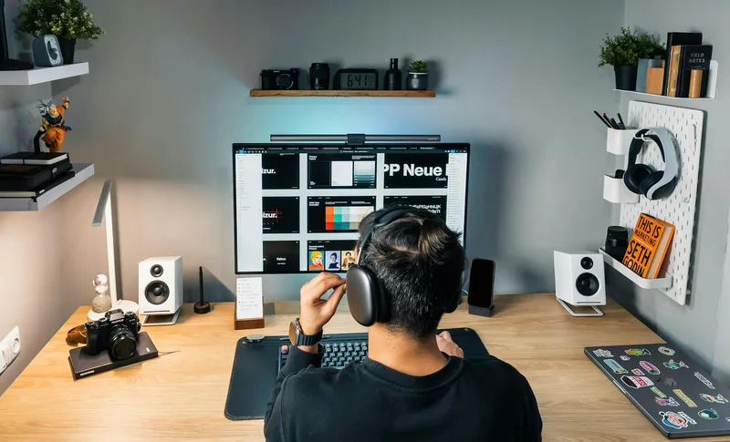 Home office workspace for building a digital product side hustle